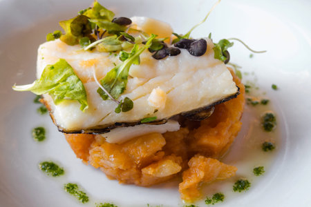 Baked cod dish on a bed of potatoes and saladの写真素材
