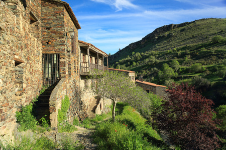 Stone house just across the road in the village of Patones above. Madrid. Spainの写真素材