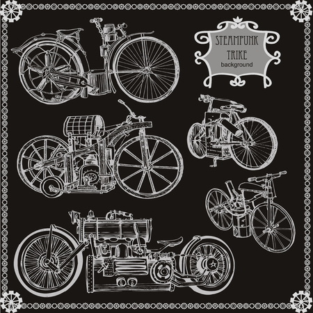 Set of vintage steam bike. Steampunk style with bikesのイラスト素材