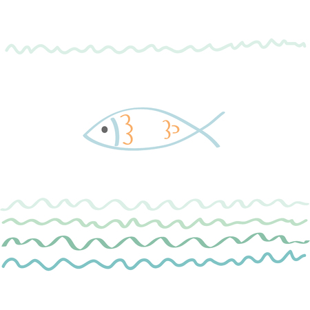 Sea abstract background with fish. Hand drawn vector illustration for your design card or postcard, poster or travel, vacation or leisure, trip or tourism - Vector illustrationのイラスト素材