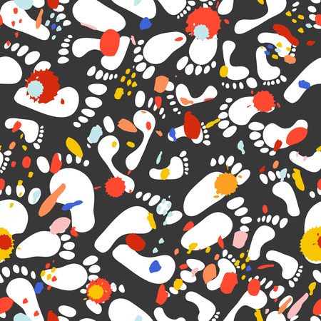 Seamless pattern with traces of different sizes. Traces of people - men, women, children. Abstract hand painted repeat texture with colorful blots of paint - Vector illustrationのイラスト素材