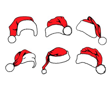 Set of red Santa Claus hats isolated on white background. Vector illustrationのイラスト素材