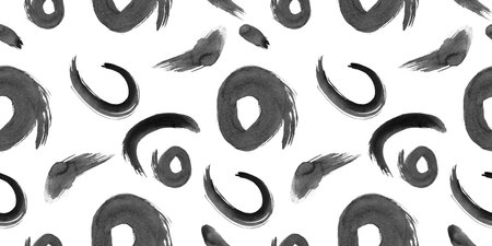 Hand-drawn watercolor brushstrokes with brushstroke. Vector black seamless pattern. Traced...