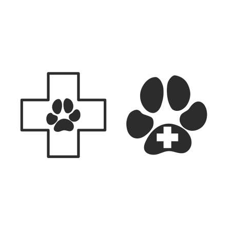 Grey Veterinary clinic symbol icon isolated on white background. Cross hospital sign. A stylized paw print dog or cat. Pet First Aid sign. Vector illustrationのイラスト素材