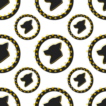 Black Dog icon seamless pattern isolated on white background. Silhouette dog in round frame with animal paws print. Design for holiday card, poster etc. Vector illustrationのイラスト素材