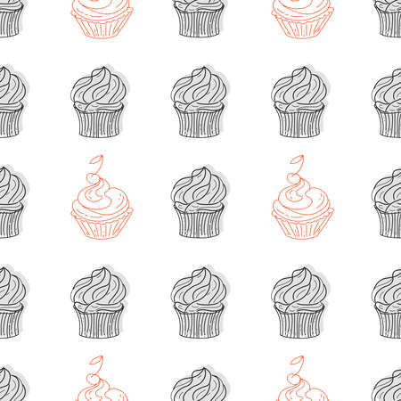 Cupcake. Seamless colorful vector cupcake pattern. Sketch, art illustrationのイラスト素材