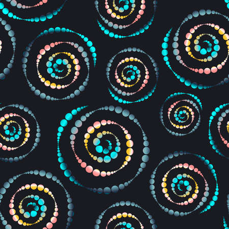 Geometric kaleidoscope seamless pattern. Multi-colored spiral shapes from peas of different sizes on black background. Vector illustrationのイラスト素材