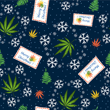 Seamless pattern with Christmas trees, hemp leaves, envelope and snowflakes. Cannabis leaves backdrop - Vector illustrationのイラスト素材