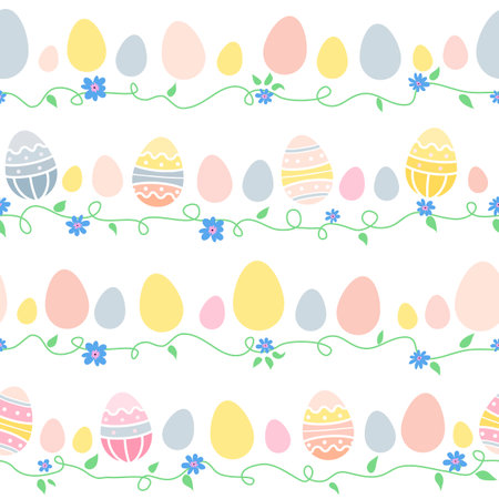 Seamless pattern with pastel colorful eggs and branch flower. Happy Easter. Simple background in pastel color. Vectorのイラスト素材