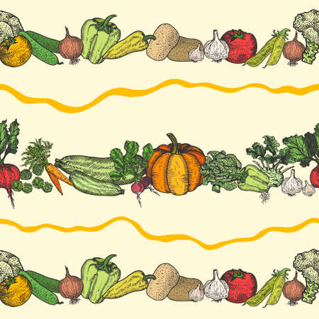 Hand drawn seamless pattern of natural vegetables hand drawn for menu or advertising. Design template - Vectorのイラスト素材