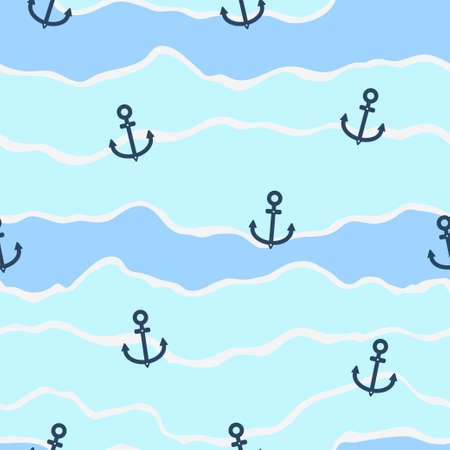 Seamless pattern blue waves or striped with wavy lines and anchors. Background summer theme. Ocean sea water texture. Striped minimalistic summer holiday background. Vector wavy decorative design for textile wallpaper, gift wrapのイラスト素材