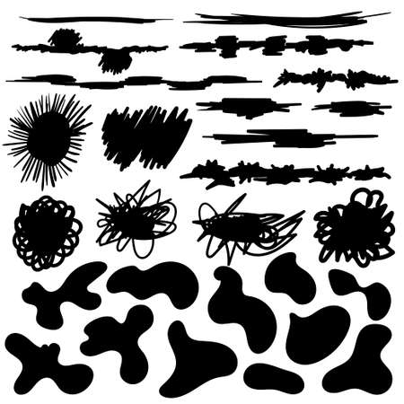 Set of abstract organic shapes and art brush smears. 25 abstract organic blobs and brush smear. Vector collectionのイラスト素材