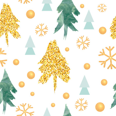 Golden pine and snowflakes. Christmas background for party or gifts. Decorates texture of...