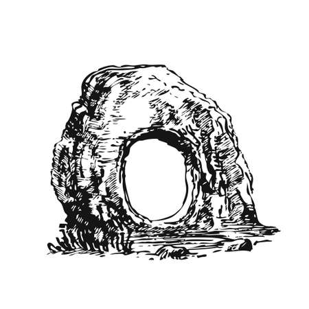 Menhirs, stones with round hole of unknown origin, vector illustration. Graphic drawing sketch. Megaliths Stone Age.のイラスト素材