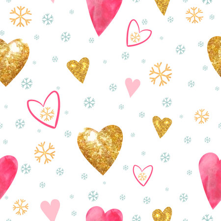 Seamless pattern with golden hearts and snowflakes. Love theme, valentine day. Vector