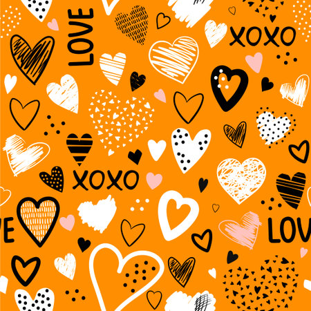 Seamless pattern with hand drawn scribble hearts and text - love, xoxo. Creative love texture. Vectorのイラスト素材