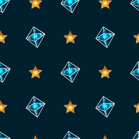 Crystal and golden star, seamless pattern with ethereum cryptocurrency symbol. Vectorのイラスト素材