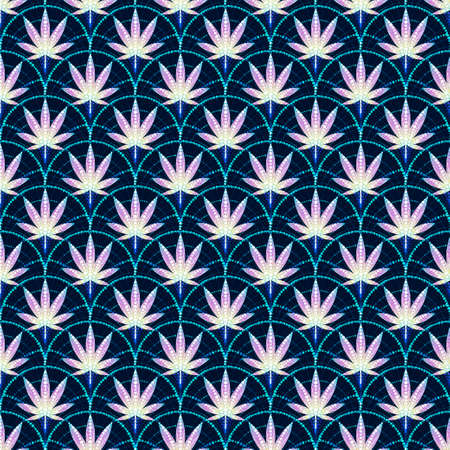 Seamless pattern with gold leaves of hemp Marijuana leaf. Cannabis plant scales background with polka dot. JPGの写真素材