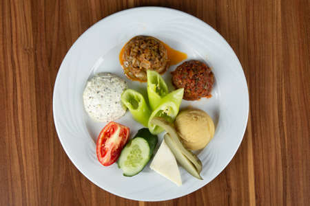 Turkish cuisine mixed appetizers on wooden background.の写真素材