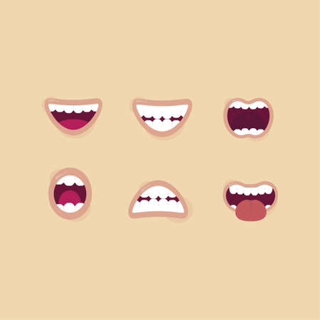 Bundle set of cartoon vectors with various expressions or gestures of the human mouth and teeth, suitable for illustration and animationのイラスト素材