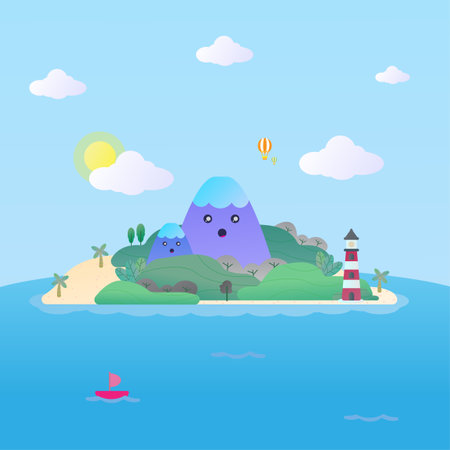 Vector flat cartoon island with mountains and children showing funny surprised expressions, suitable for illustrations, animations and wallpapersのイラスト素材