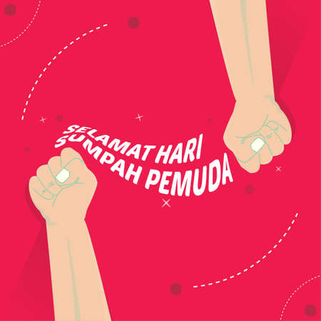 Vector flat poster of the Indonesian Sumpah Pemuda with hands clenched in a red and white theme, suitable for illustration, animation and social mediaのイラスト素材