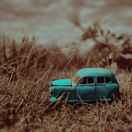 Abandoned toy car in the field. Photo in old color image styleの素材