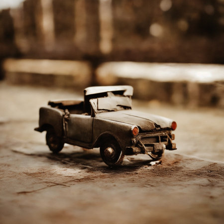 Vintage toy car on the ground. Selective focus. Toned.の素材