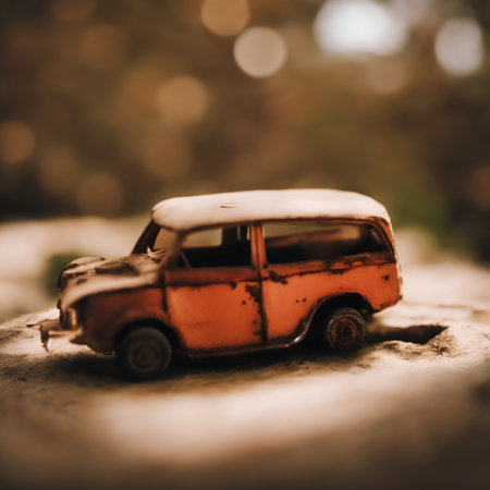 Vintage toy car on the sand with bokeh background.の素材