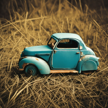 Vintage toy car in the field. Retro style toned pictureの素材