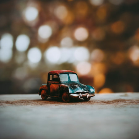 Vintage toy car on a wooden table with bokeh backgroundの素材