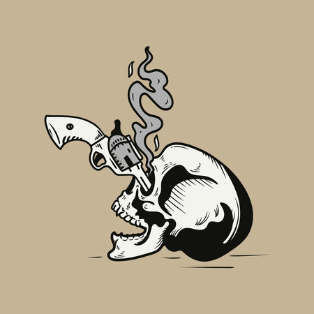 Hand drawn skull head and gunのイラスト素材