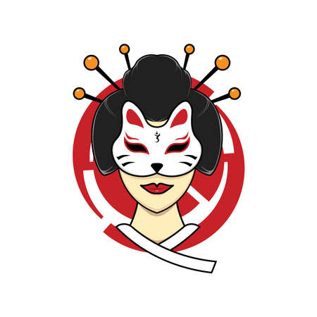 Japanese geisha with kitsune mask illustrationのイラスト素材