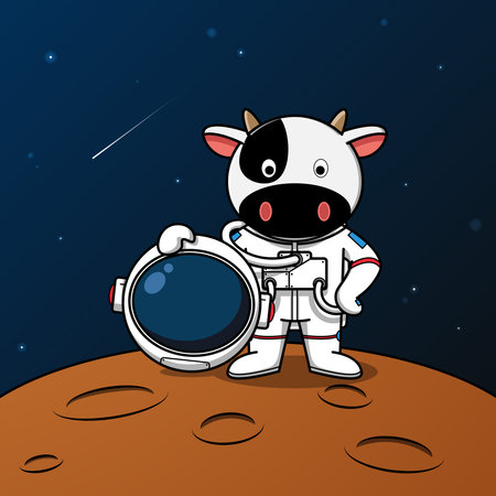 Cute cow astronaut standing on the moon illustrationのイラスト素材