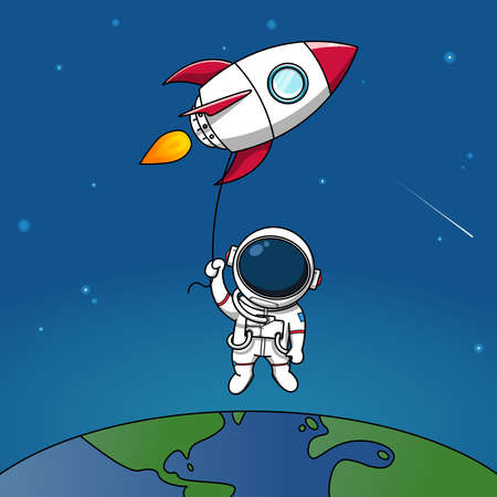 Cute astronauts fly into the sky on a rocket illustration