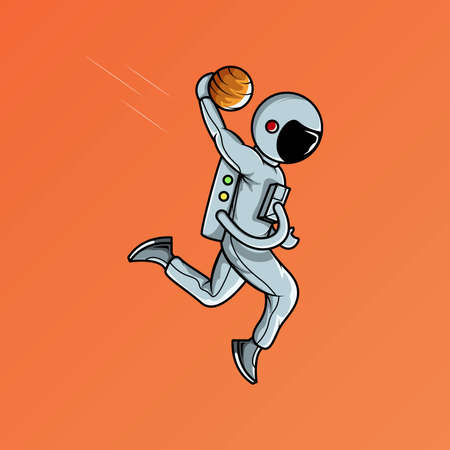 Astronaut play planet ball and make slam dunk vector illustrationのイラスト素材