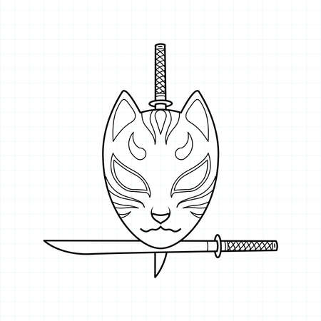 Japanese kitsune mask coloring page, Vector illustrationのイラスト素材