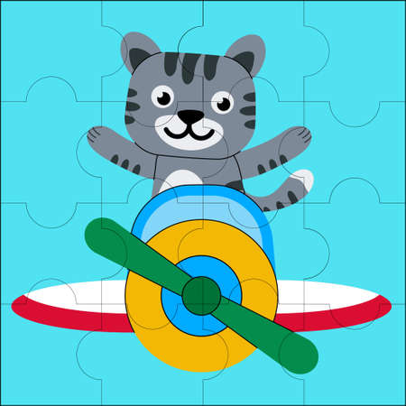 Cute cat flying on a plane, suitable for children's puzzle vector illustrationのイラスト素材
