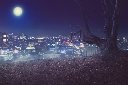 Halloween background, creepy atmosphere seen from above city with full light.の写真素材