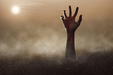 Halloween Concept, Hands out of the ground with a full moon Shrouded in mist background , creating...