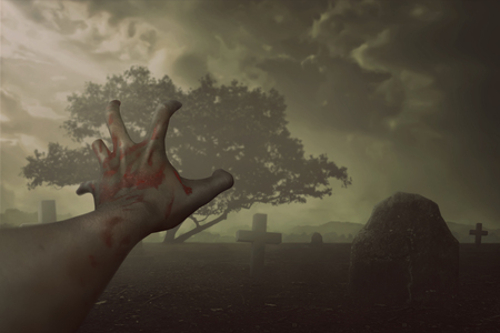 Halloween Concept, Zombie left-handed viewing angle, with a creepy cemetery background.の写真素材