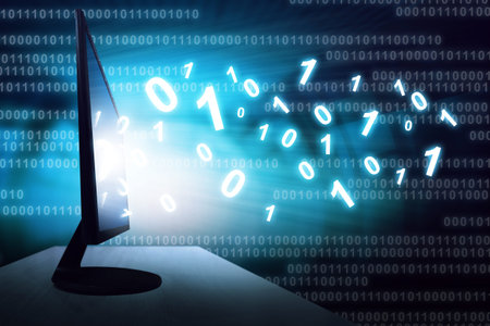 technology concept, binary code out from monitor screen
