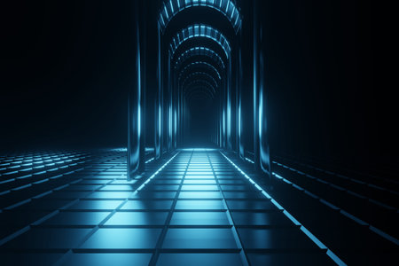 Illuminated corridor interior design. Abstract Futuristic tunnel with light background. 3D...