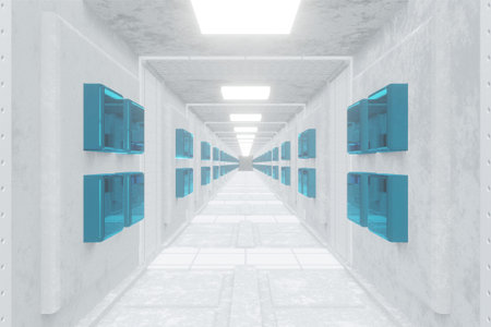 Illuminated corridor interior design. Abstract Futuristic tunnel with light background. 3D...