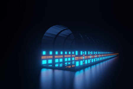 Illuminated corridor interior design. Abstract Futuristic tunnel with light background. 3D rendering.の写真素材