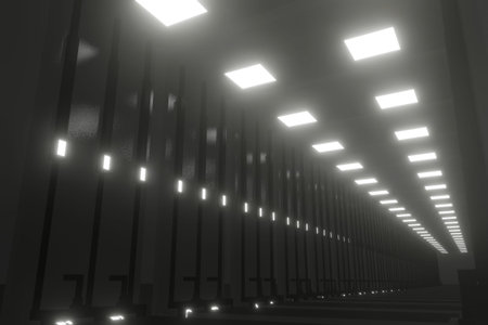 Illuminated corridor interior design. Abstract Futuristic tunnel with light background. 3D...