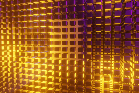 Illuminated corridor interior design. Abstract Futuristic tunnel with light background. 3D...