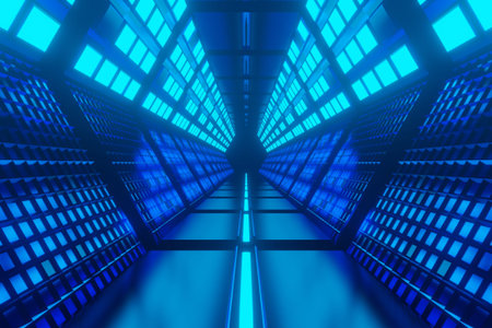 Illuminated corridor interior design. Abstract Futuristic tunnel with light background. 3D...