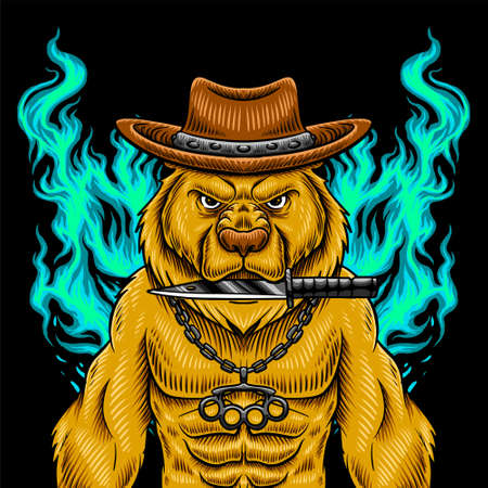 Bear with cowboy hat and knifeのイラスト素材