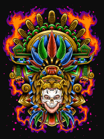 Aztec skull chief ornament illustrationのイラスト素材